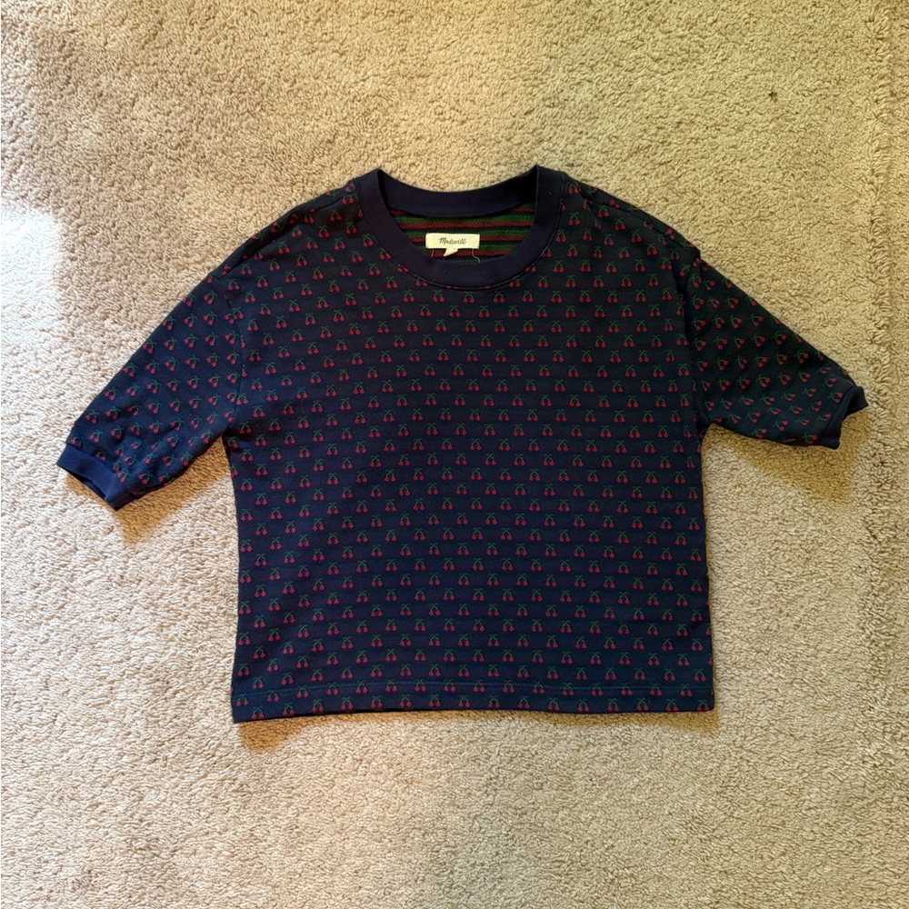 Madewell Navy Knit Sweater with red and green cherries - size XS